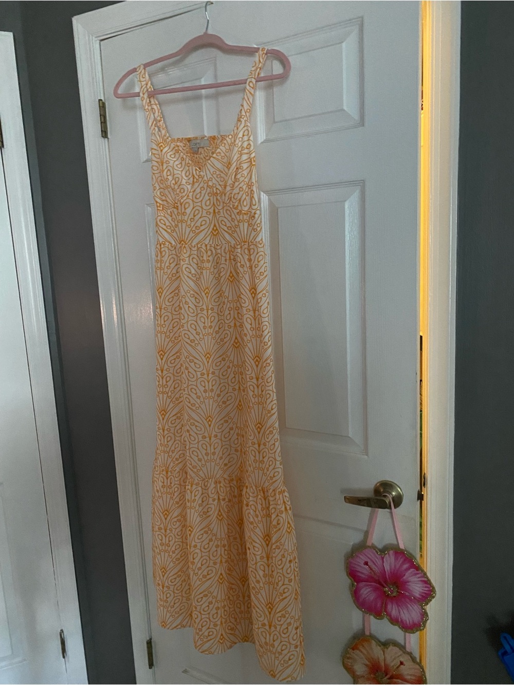 LOFT white eyelet with orange embroidered open back midi dress